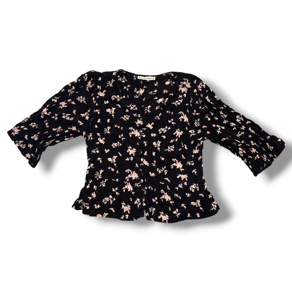 Abercrombie & Fitch Floral Peplum Top Women XL Black Pink V-Neck Smocked Boho